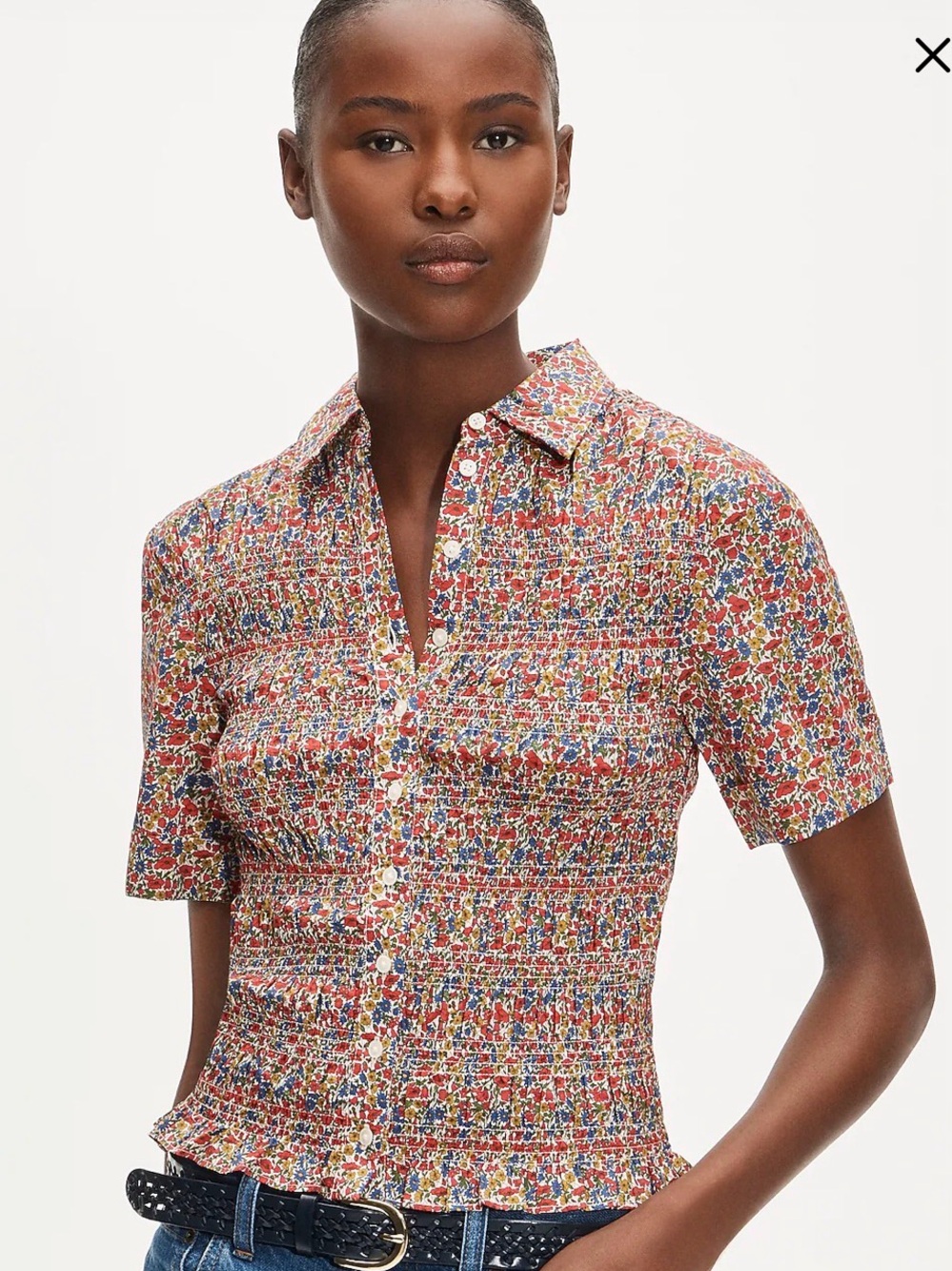 J. Crew Smocked Short Sleeve Button Up Shirt in Liberty Floral Fabric